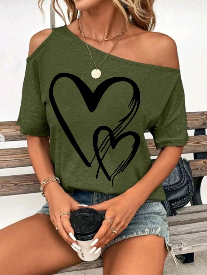 Product Introduction of Women's Heart Print Cut Out One Shoulder Half Sleeve Tee, Fashion Casual Batwing Sleeve Asymmetrical Neck T-Shirt for Summer, Ladies Clothes for Daily Wear 6