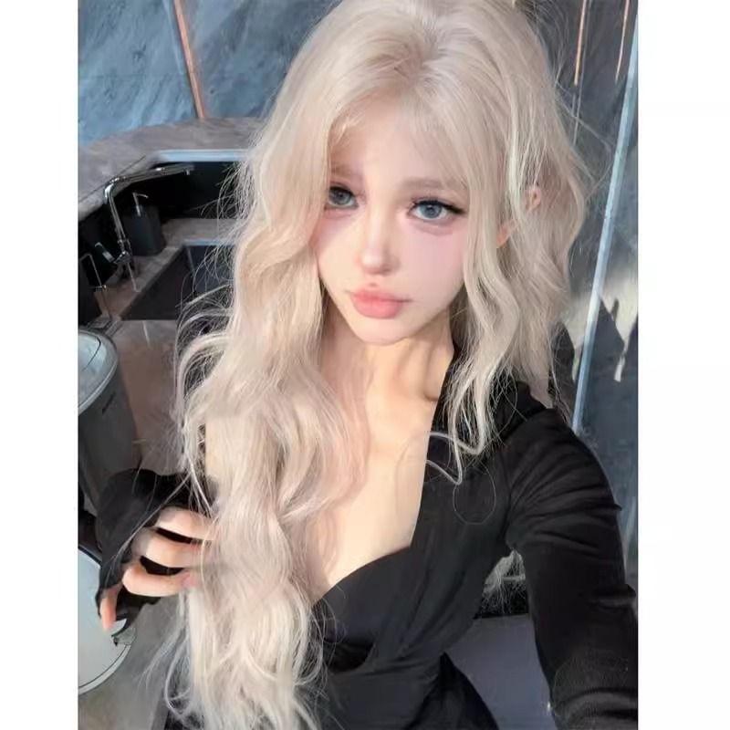 Artificial Scalp Lace Pink White Gold Net Red Fluffy Long Curly Wig for Women 0