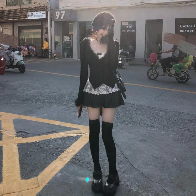 Ba Mảnh Áo Cardigan Dài Tay, Phong Cách Dễ Thương Và Gợi Cảm, Có Dây Treo Bên Trong Nơ, Váy Ôm Sát Cạp Cao inverted  triangle   váy      áo   áo   bọt      yum tỳ      playsets   gầy   set nữ     linh  xà  hoa bộ đồ 3
