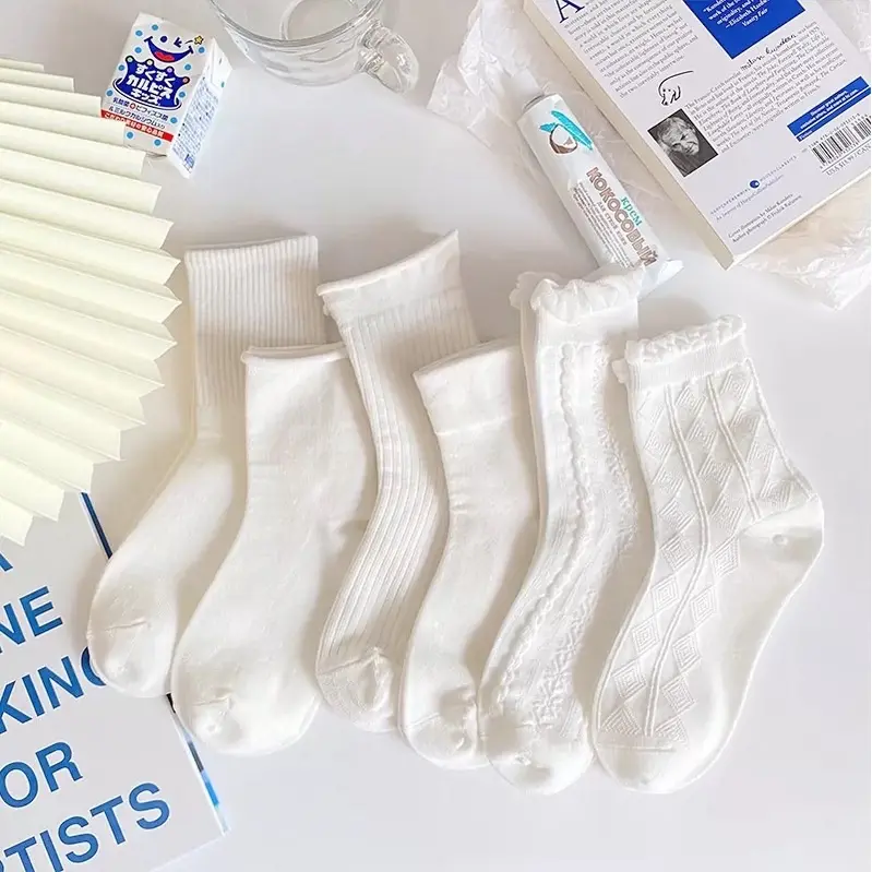 COMBO 5 đôi Tất dệt kim gân trắng bèo cổ cao ,trung Phong Cách Hàn Quốc - Set 5 đôi Tất HQ T19