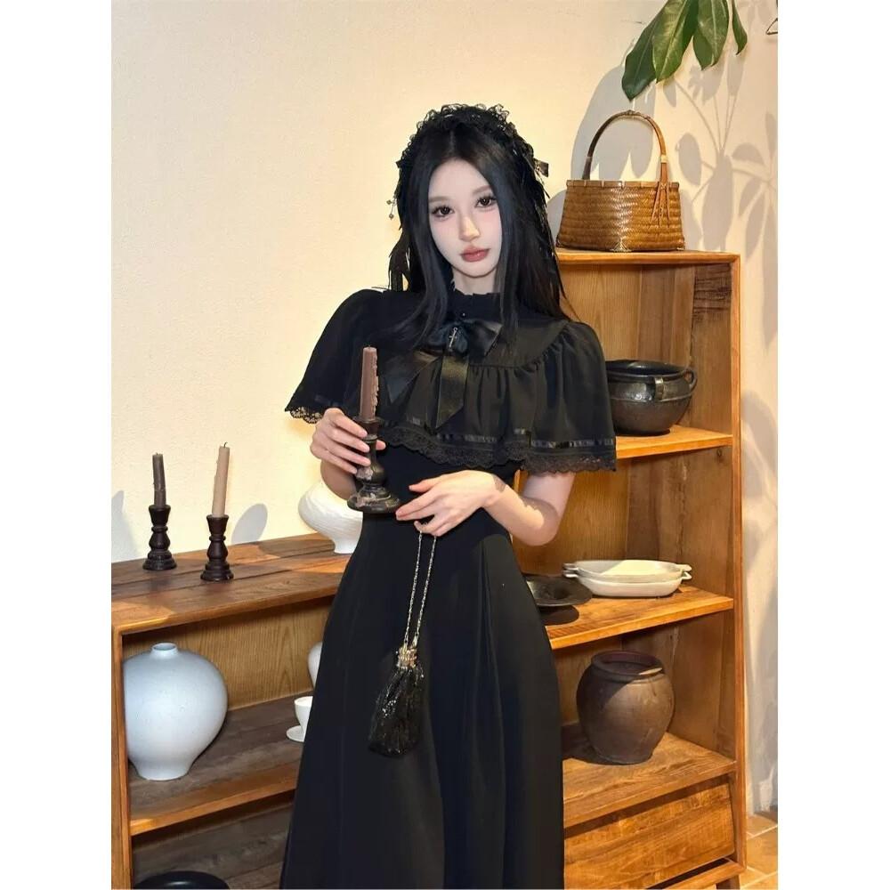 CHICMORE Gaun maxi lengan pendek dengan pita cantik di kerah warna solid elegant