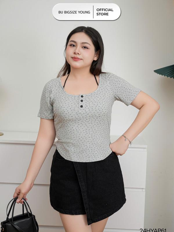 Áo thun hoa nhí cổ vuông phối dây BIGSIZE (55kg đến 95kg) – 24HYAP61 - [BU Bigsize Young]