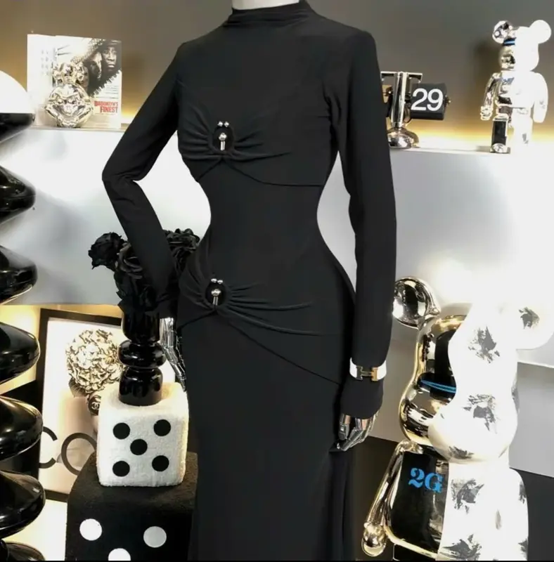 Đầm Ôm Body Tay dài đính khoen - Hình Thực, đầm dự tiệc - Thun QC dày đẹp Maxi Dress Woman 4