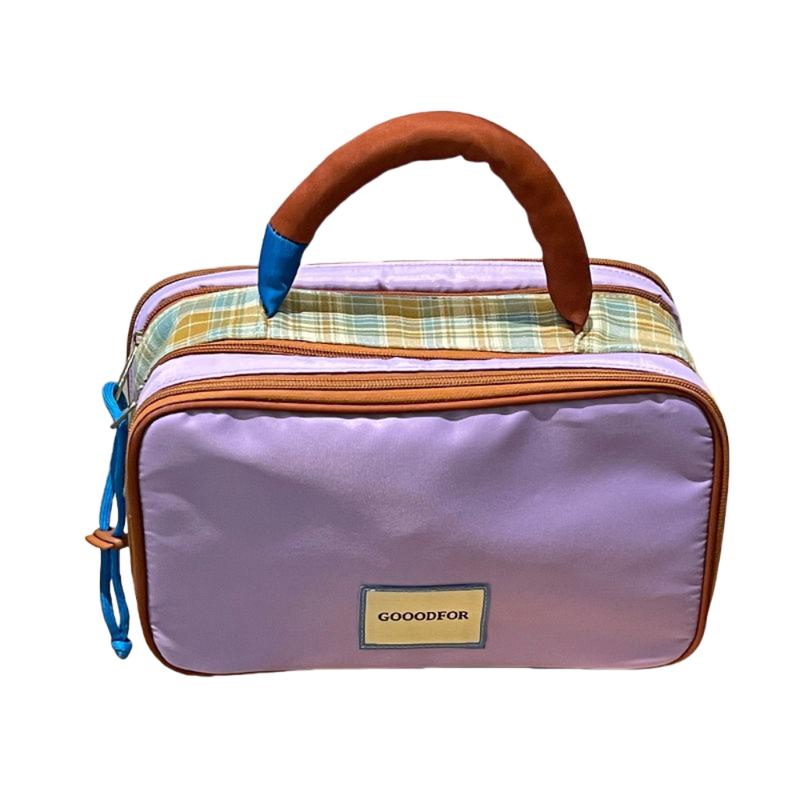 Product Introduction of Cute Oxford Cloth Plaid Makeup Bag Portable Handle Travel Cosmetic Container Multifunctional Storage Wash Pouch Data Cable Storage 13