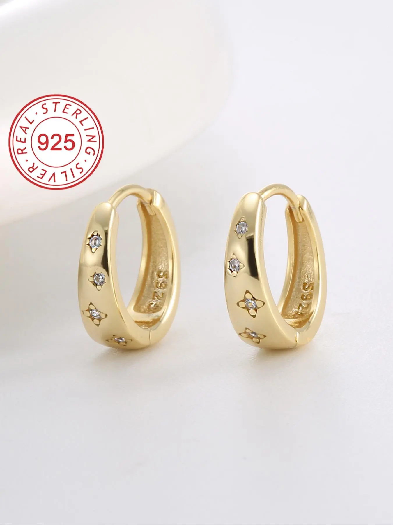 S925 Sterling Silver Hoop Earrings, Fashionable Star Engrave Rhinestone Decor Earrings for Women, Trendy All-match & Exquisite Jewelry for Gift with Box
