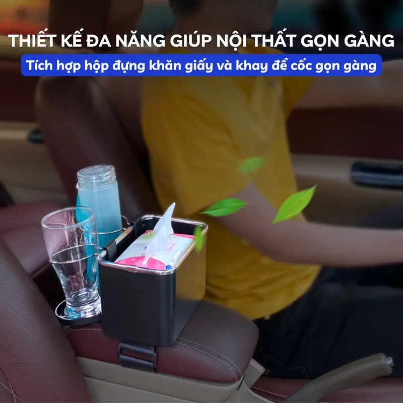 Hộp Đựng Khăn Giấy Kết Hợp Giá Để Cốc Ô TÔ Đa Năng, Hộp Chứa Đồ Bệ Tỳ Tay Xe Hơi; Phụ Tùng Nội Thất Ô Tô 3