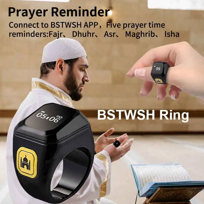 Iqibla Zikr Smart Ring Counter Tasbih For Muslim Tasbeeh Zikr Ring 5 Prayer Time Digital fitness tracker Counter Vibration Reminder Anti-sweat stains Available in multiple colors for men and women