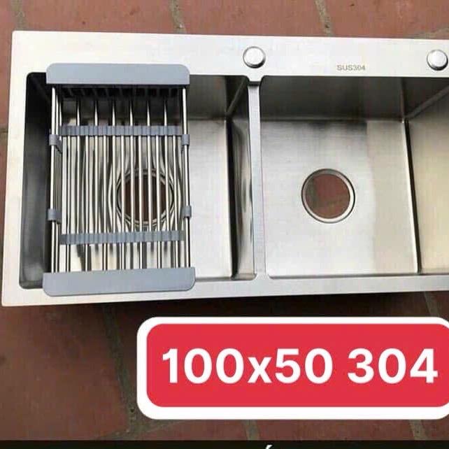  Combo chậu đúc nguyên khối inox 304 kích thước 100x50 kèm vòi đầy đủ 