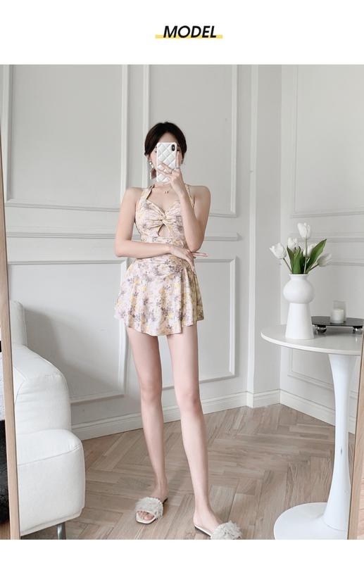 Product Introduction of Swimsuit Women's One-Piece Floral Skirt Small Chest Push up Sexy Pure Desire Style Halter Hot Spring Women's Swimsuit 1