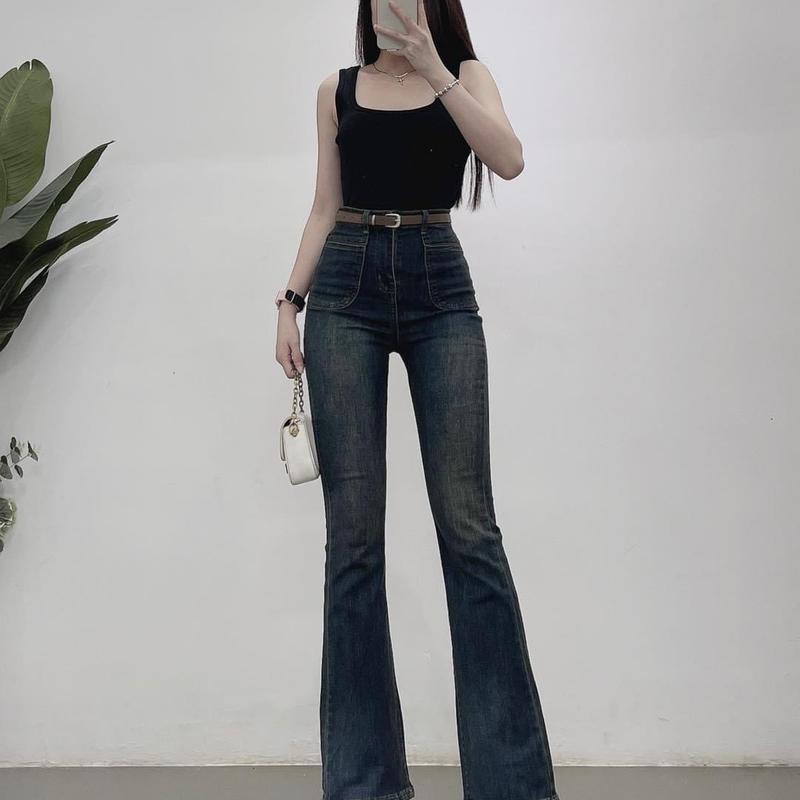 Quần jean loe dài lai cuốn túi đắp co dãn tốt Ống Loe Nữ 4