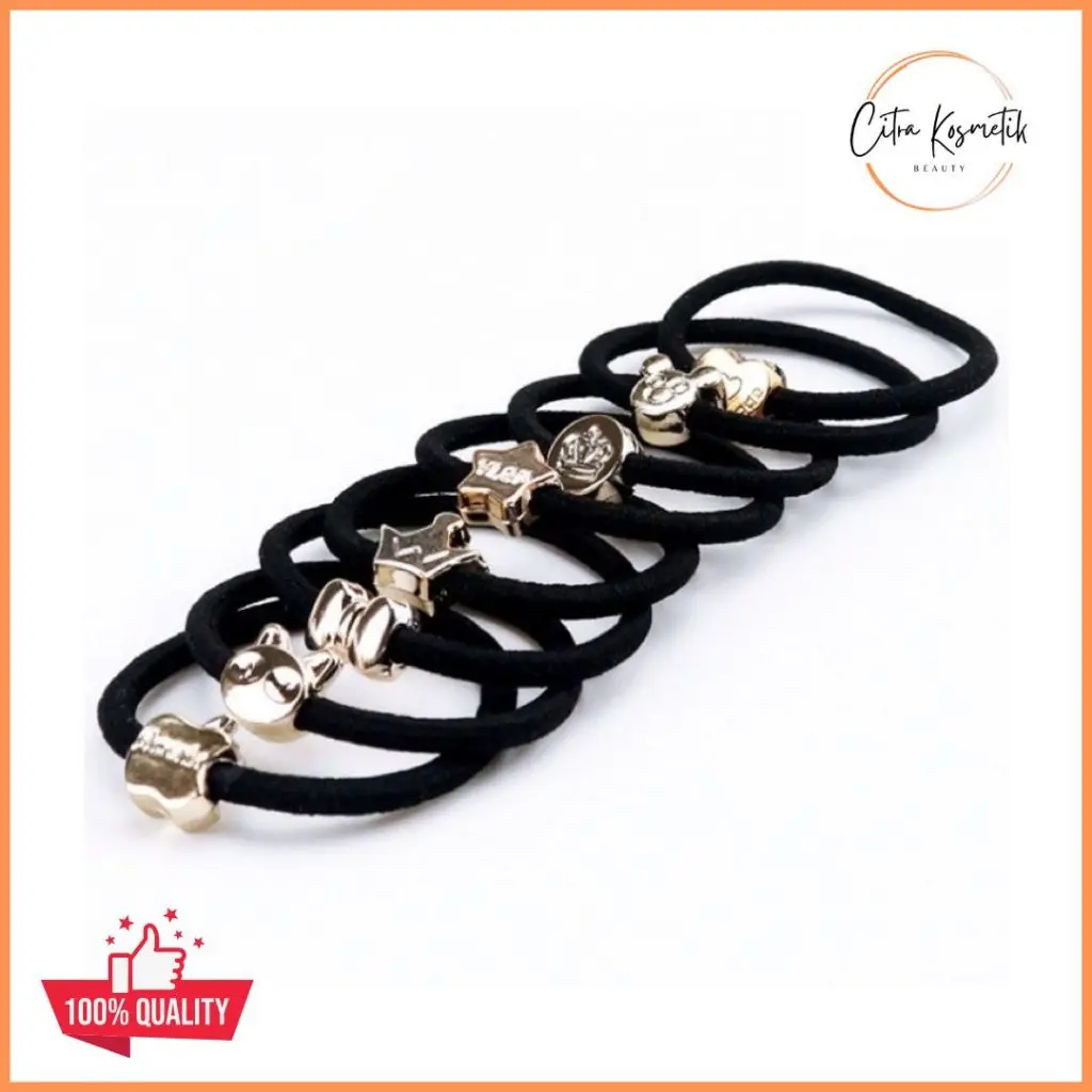 Karet Ikat Rambut Hitam Gold Manik Aksesoris Elegan
