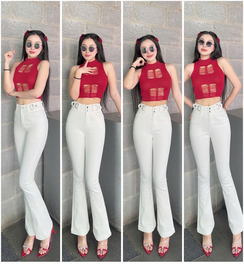 Product Introduction of [98-100cm] Quần jean nữ ống loe trắng 2n đai bụng NM Jeans, chất co giãn, đủ size từ 40kg đến 75kg, Pants, Women 2
