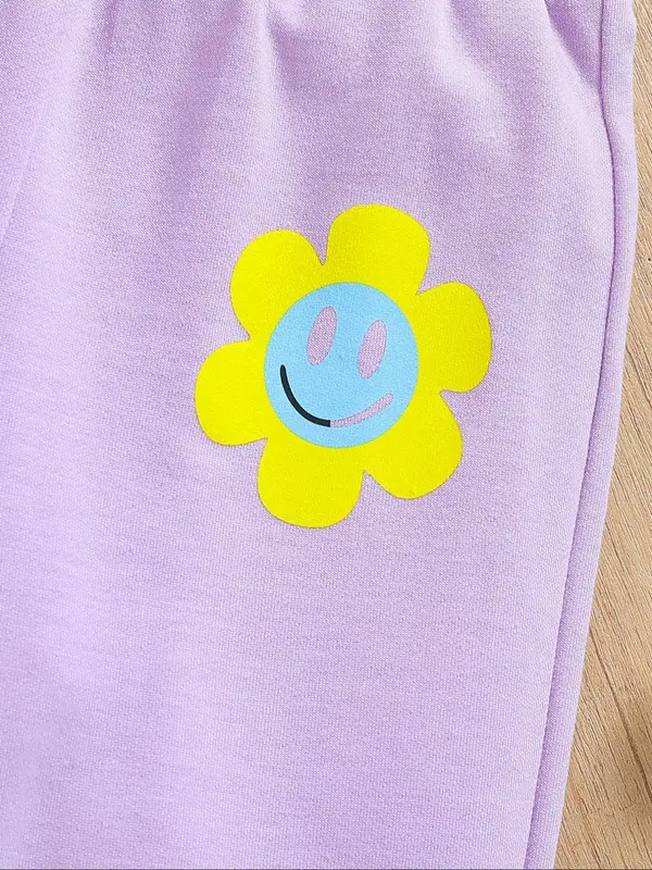 Baby Girl's Cartoon Smile Face & Flower Print Top & Elastic Waist Pants Set, Casual Long Sleeve Top & Trousers, Infant Toddler Kids Spring & Fall Clothes 4