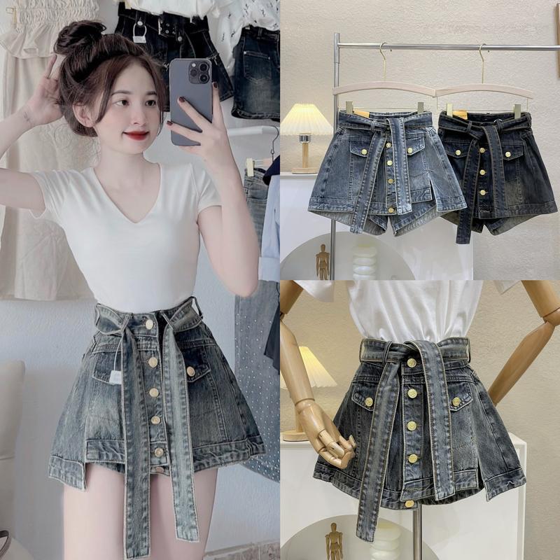 Chân váy jean QC vạt lệch xẻ đùi KÈM ĐAI có quần bảo hộ , quần giả váy bò xẻ đùi vạt khuy lệch có đai kèm quần yoome clothing Nữ Women
