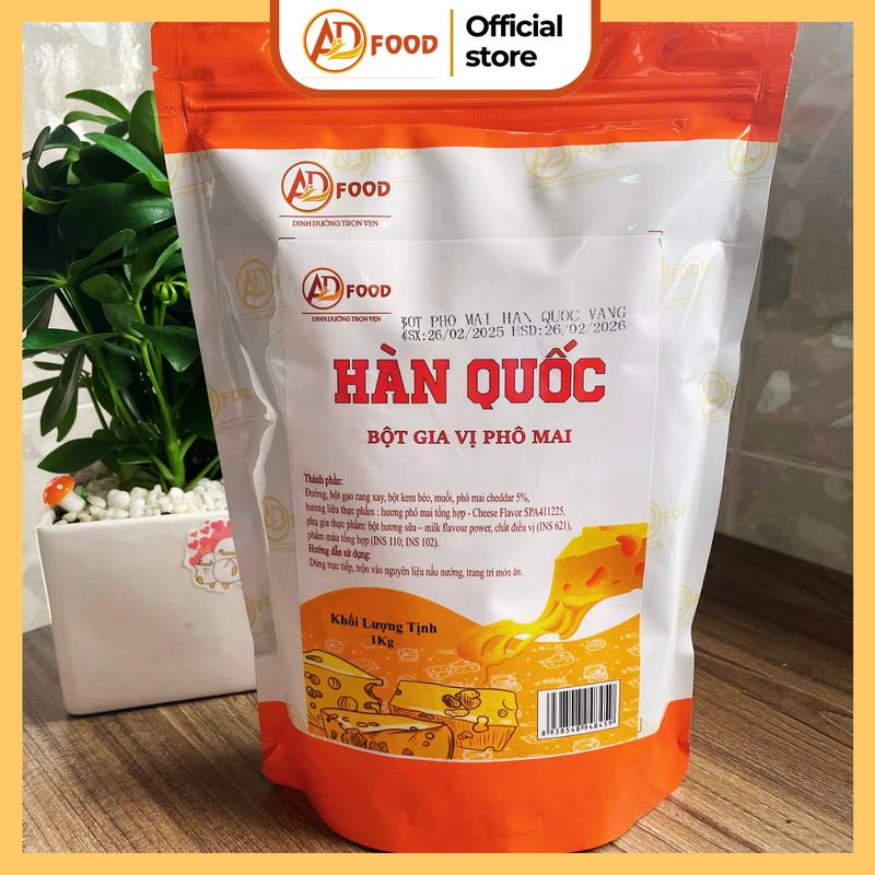 1kg Bột phô mai HÀN QUỐC ADFOOD màu vàng - vị mặn ngọt vừa phải, tiện lợi, dùng để lắc khoai tây chiên, gà rán, bắp rang bơ, pha chế cùng nước sốt hoặc rắc trực tiếp lên món ăn đã chế biến....