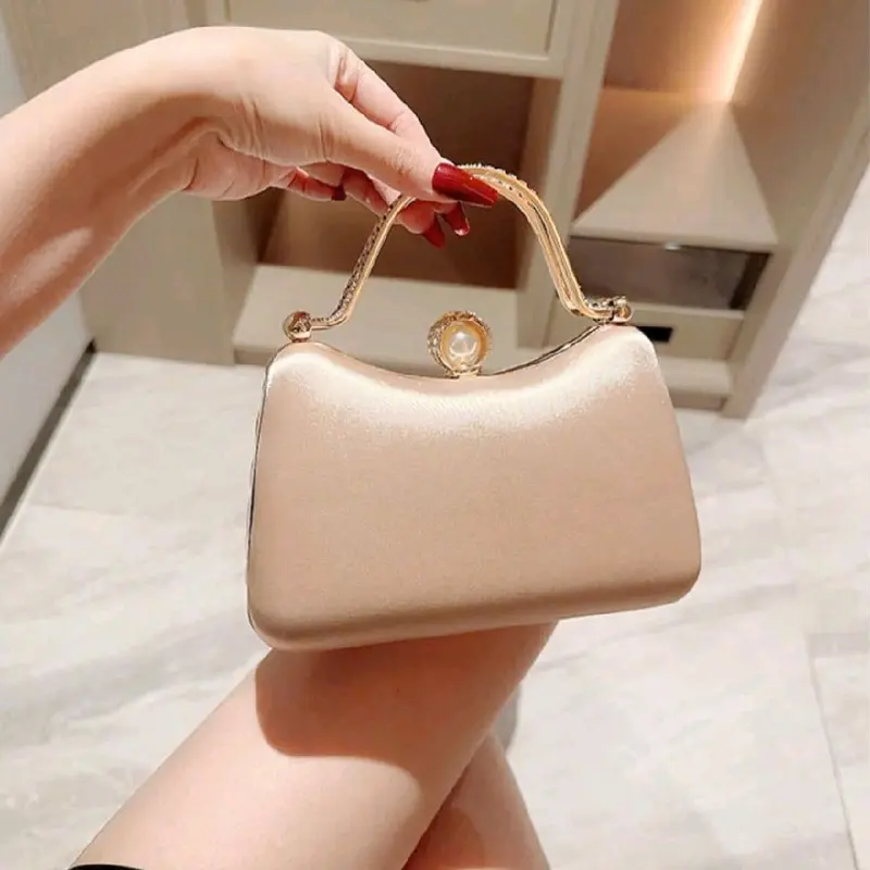 Túi Xách Nữ Đeo Chéo Women Bag Clutch Cầm Tay Cốp Đi Tiệc Quai Kiềng Đôi Lụa Màu Kem Xếp Ly Kèm Dây Xích Size 19 HÀNG CHUẨN QC Nhung đá 5