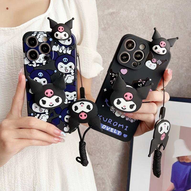 Product Introduction of 3D Cartoon Kuromi Toy With Lanyard Phone Holder Case For iPhone 16 15 14 13 12 11 Pro Max Plus Casing Soft Silicone Strap Rope Cover 15