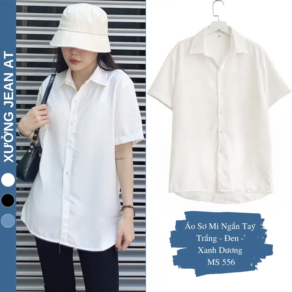 Áo Sơ Mi Nữ Form Rộng Ngắn Tay Trắng Và Đen Chất Cotton Lụa Hàn Unisex Đi Học, Đi Làm, Văn Phòng, Công sở Cực Xinh 556 Women Top Voan Voi Shirt