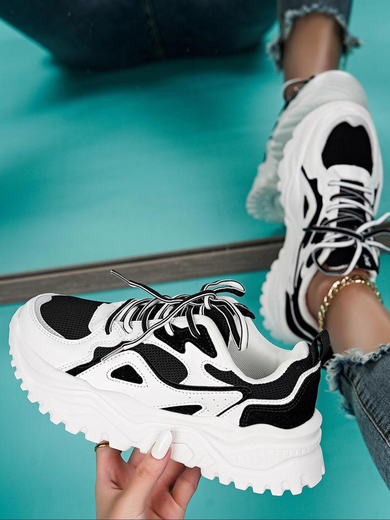 Product Introduction of Women's Fashionable Patchwork Lace Up Low Top Sneakers, Casual Comfortable Breathable Sports Running Shoes, All-match Basic Shoes for Daily Wear 2