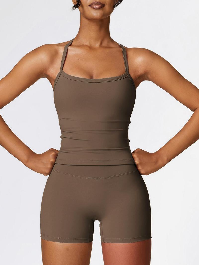 VoleFox Two Pieces Women's Solid Backless Tracksuit Set, Spaghetti Strap Cami Top & High Waist Skinny Shorts, Ladies Sportswear, Summer Outfits 2024_voghion.com