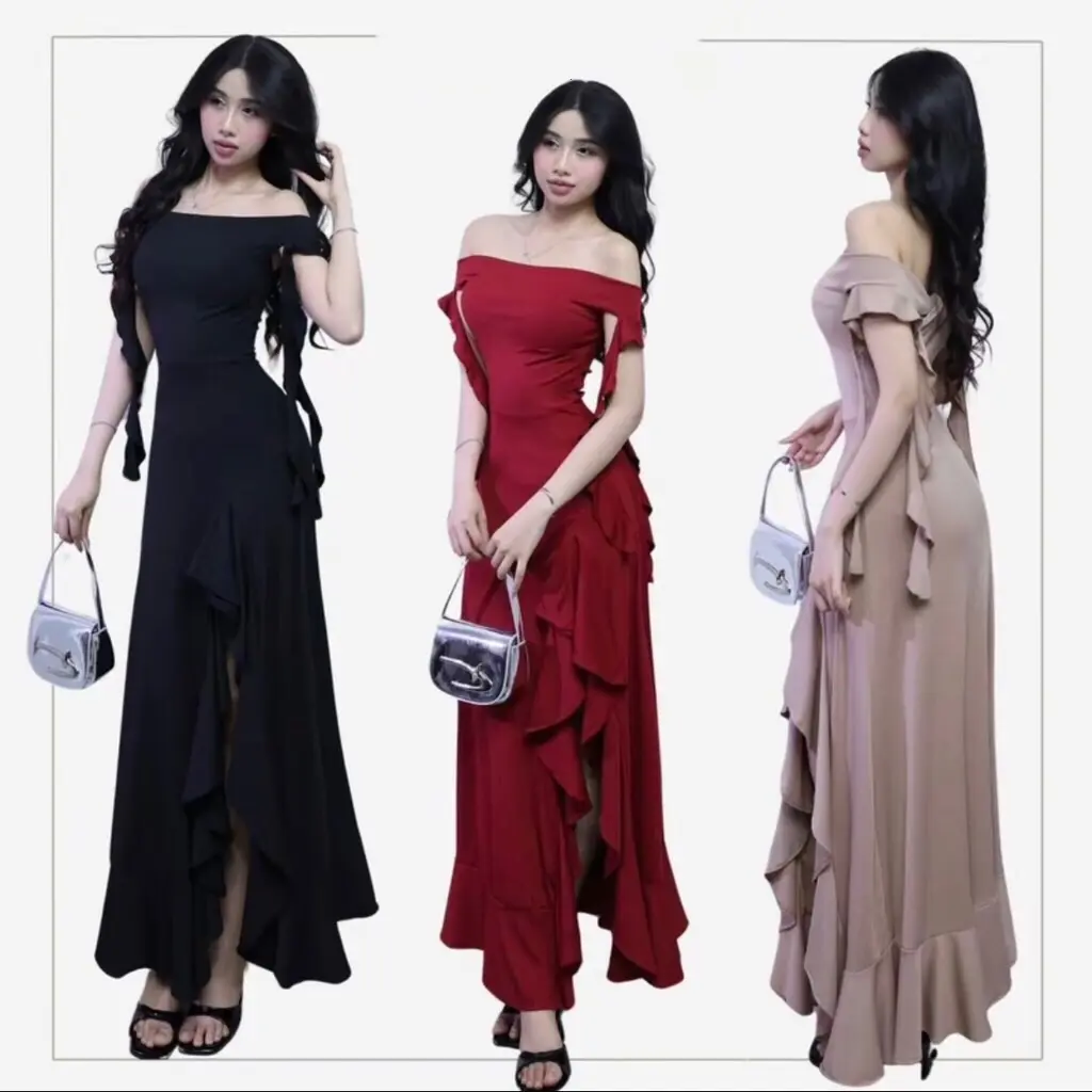 Đầm tk lệch vai tua rua tăm lạnh k6027 đầm Sát Nách Lệch Vai tua rua- Xẻ Tà Phối Viền Bèo - Dài Maxi Ôm Body Sexy - Tiểu Thư Bánh Bèo Cute Sang Chảnh Đi Chơi Tiệc 3 mà: trắng đỏ đen Nữ Women Dress