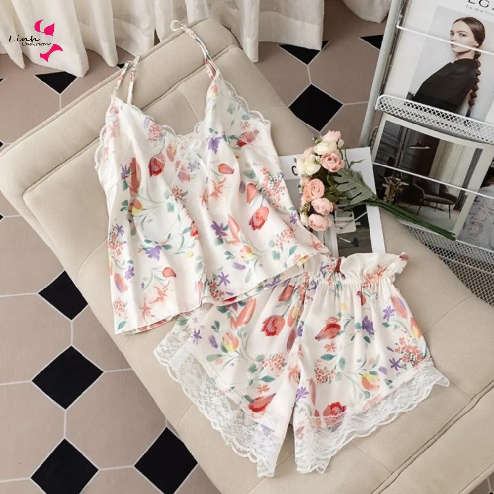 Bộ ngủ lụa Tơ hai dây mềm mịn cho Nữ quảng châu cao cấp nhiều họa tiết A666 Lụa  Áo Women