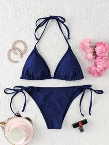 Conjunto de bikini sólido para mujer, top de natación tipo triángulo con cuello halter y amarre en la espalda, y parte inferior de natación con amarre lateral, ropa de baño de verano para damas, ideal para vacaciones en la playa, Bañador brasileño