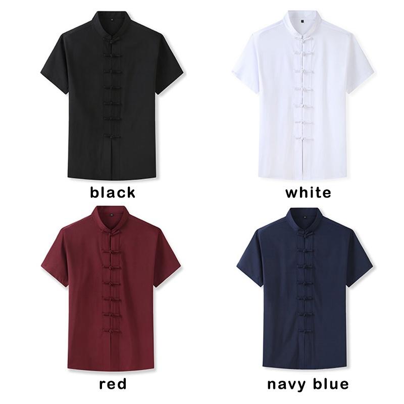 [3xl-10xl] Men Oversized Oversized Plain Mandarin Collar Short Sleeve Knot Buttons Black White Red Shirts 1