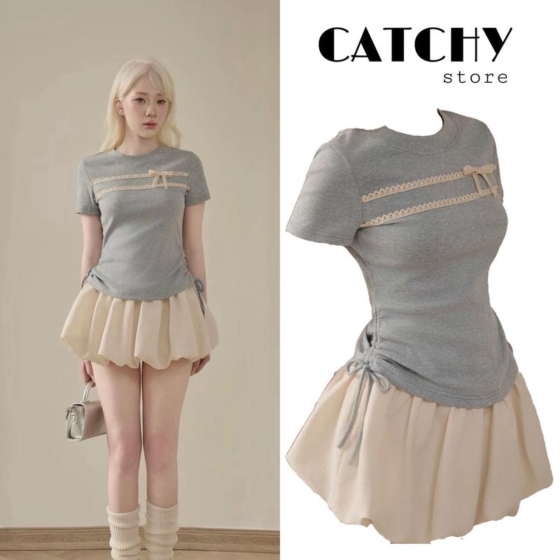 Set bộ 2 Món Áo Thun Nữ Ôm Dáng Phối Ren Nơ Nhún Eo Mix Váy Bí Xòe Phồng  Xinh Xắn Tiểu Thư Đi Chơi Đi Học CATCHYstore