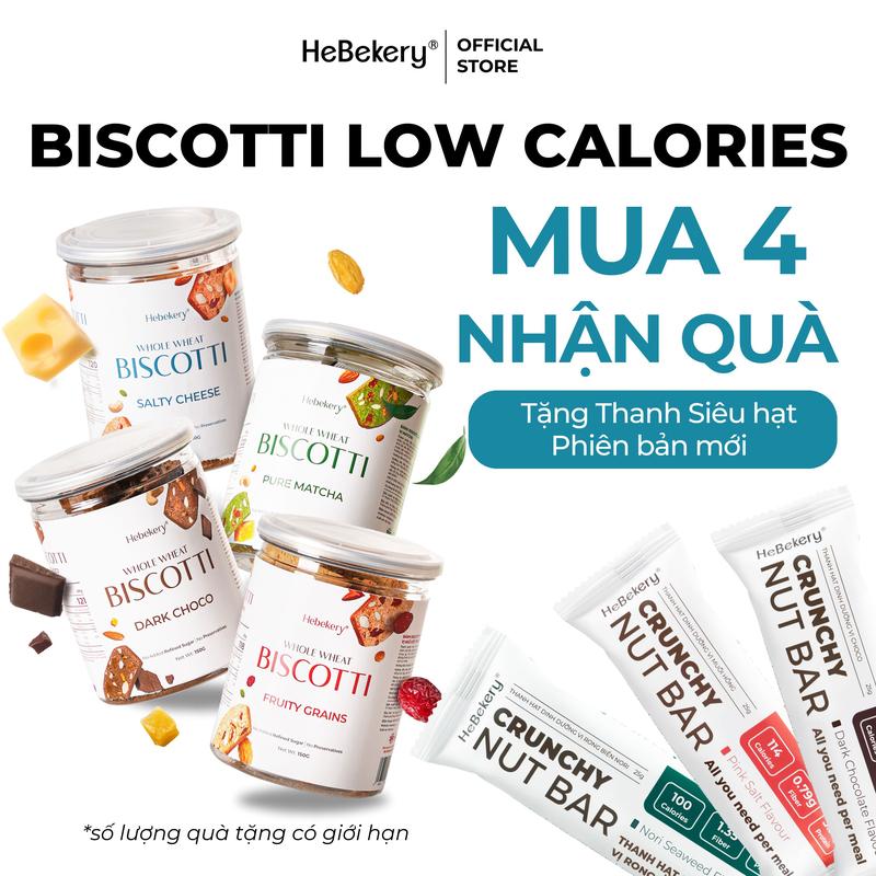 MUA 4 TẶNG QUÀ XỊN COMBO 4 Hũ Biscotti Nguyên Cám Low Calories 4 Vị Mỗi Hũ 150gr Hebekery - Bánh Ngũ Cốc Nướng Dinh Dưỡng Ít Calo Lành Mạnh Food Socola - Tặng Thanh Nut Bar Phiên bản mới biscotti Snack Ăn Vặt