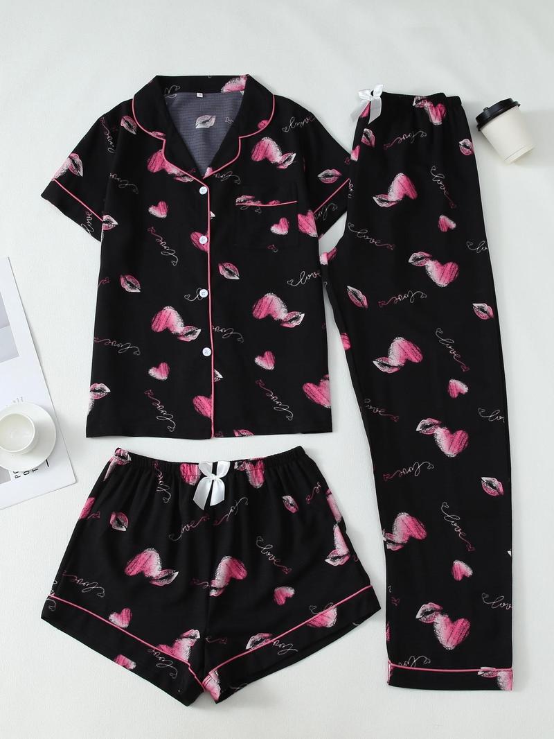 Product Introduction of Three-piece Set Women's Heart Print Top & Pants & Shorts Pyjama Set, Casual Comfy Round Neck Short Sleeve Top & Trousers & Shorts Pj Set, Ladies Sleepwear for All Seasons 5