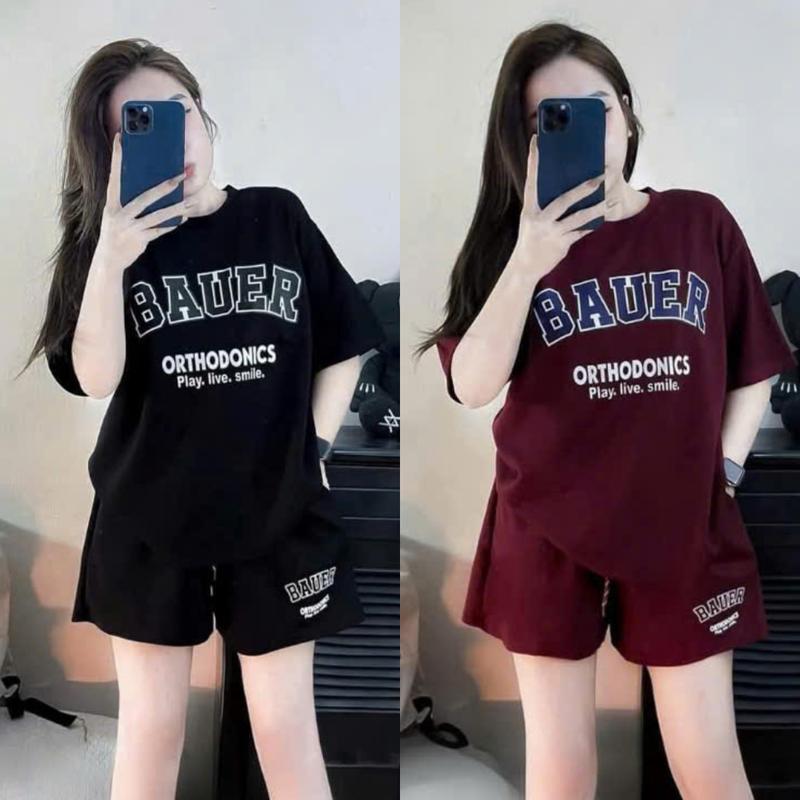 Bộ mặc nhà nữ phom rộng chất cotton su set bộ đùi mùa hè bộ đồ ngắn in baue