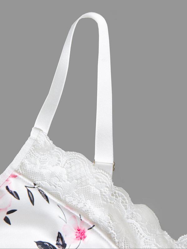 【Plus Size】 Two-Piece Set Floral Print Bow Decor Contrast Lace Bra & High Waist Panty, Adjustable Spaghetti Strap Wireless Bra & High Rise Panty, Women's Lingerie Set for All Seasons 8