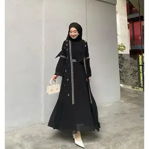 Terbaru Gamis Safwa Border Bahan Ceruty Babydoll Full Furing Gamis Cantik Ukuran M L XL XXL XXXL Pakaian Wanita Muslimah - Hitam, M