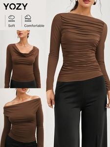 YOZY Women's Plain Ruched Draped Tee, Elegant Long Sleeve T-Shirt for Fall & Winter, Women's Clothing for Daily Wear