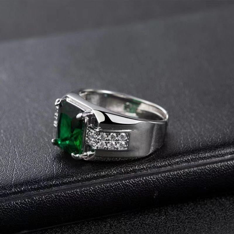 Product Introduction of New Wish Cross-Border Emerald Men's Ring European and American Blue Diamond Green Pointed Crystal Trendy Men's Open Ring Finger 5