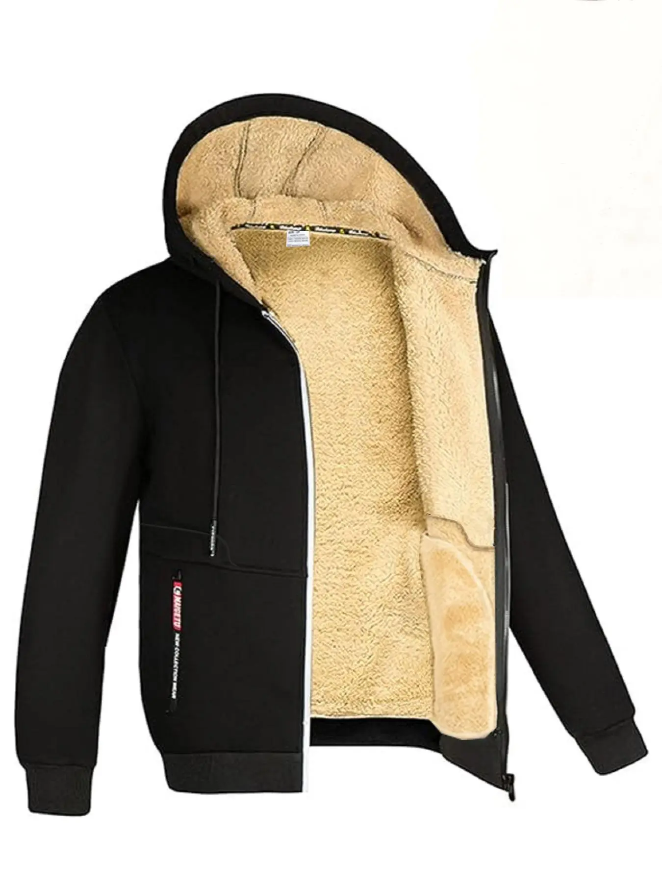 Men's Solid Zip Up Pocket Plush Lined Drawstring Hooded Jacket, Regular Fit Casual Warm Long Sleeve Outerwear for Fall & Winter, Menswear for Daily Wear, Workwear Jacket Coats Tops