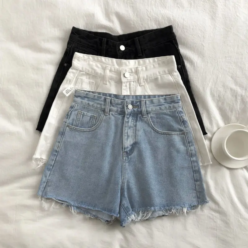 Summer Lady's Solid Color High Waist Denim Shorts Thin Loose Wide Leg Slim Straight Pants Stylish Jeans for Women Womenswear Bottom