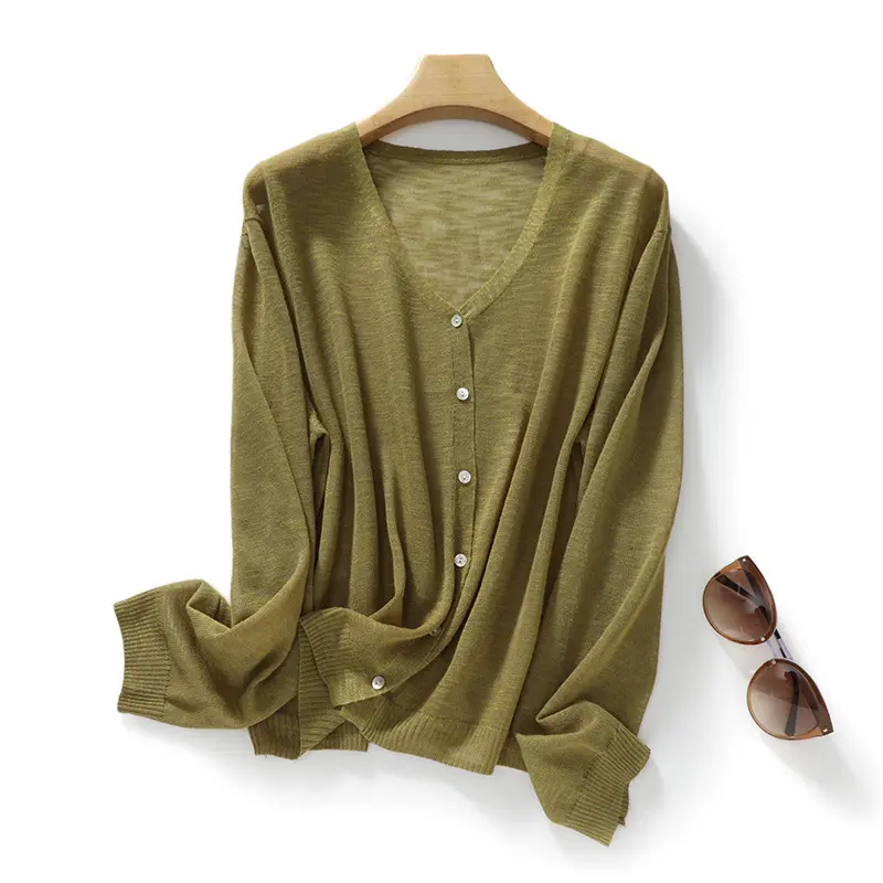 Áo Cardigan Dệt Kim, Chất Liệu Vải Lanh Slub, Dành Cho Nữ, Mỏng, Cổ Tròn, Áo Khoác Lụa Lạnh Áo Dáng Rộng áo  khoác  len  nữ bigsize cardigan  croptop  nữ áo  lyly cardigan  hồng cardigan  nơ 8