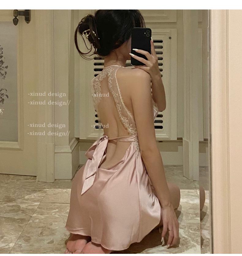 Product Introduction of Sexy lingerie deep V lace backless satin women's home clothes suspenders pajamas nightdress Loungewear Nightwear night  dress Womenswear Homewear victoria s 10