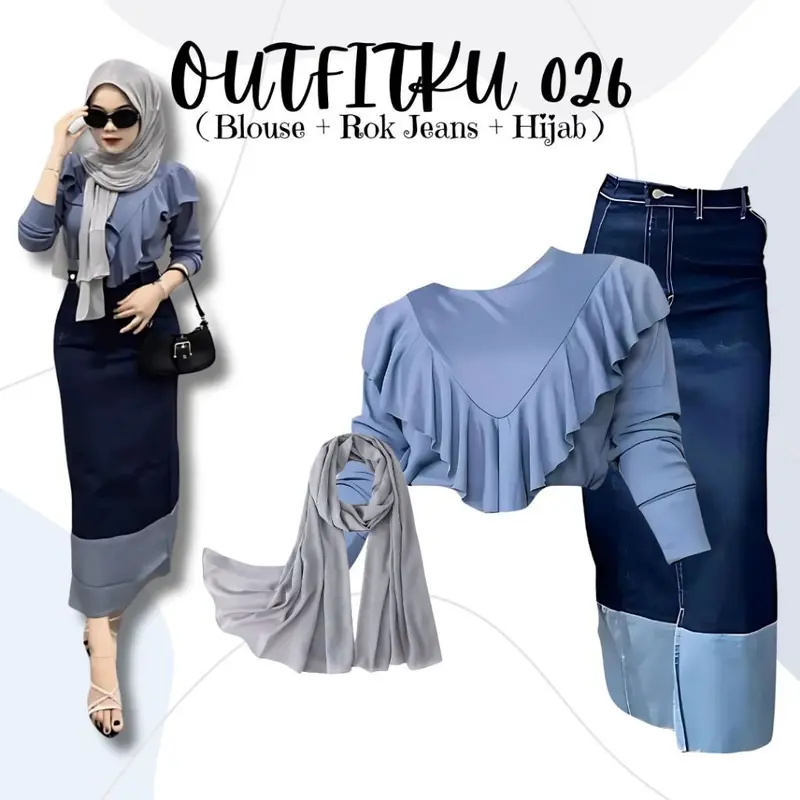 One Set 3in1 Blouse Rok Jeans Pashmina Jersey | outfit kantor ootd hangout simpel KR29 0