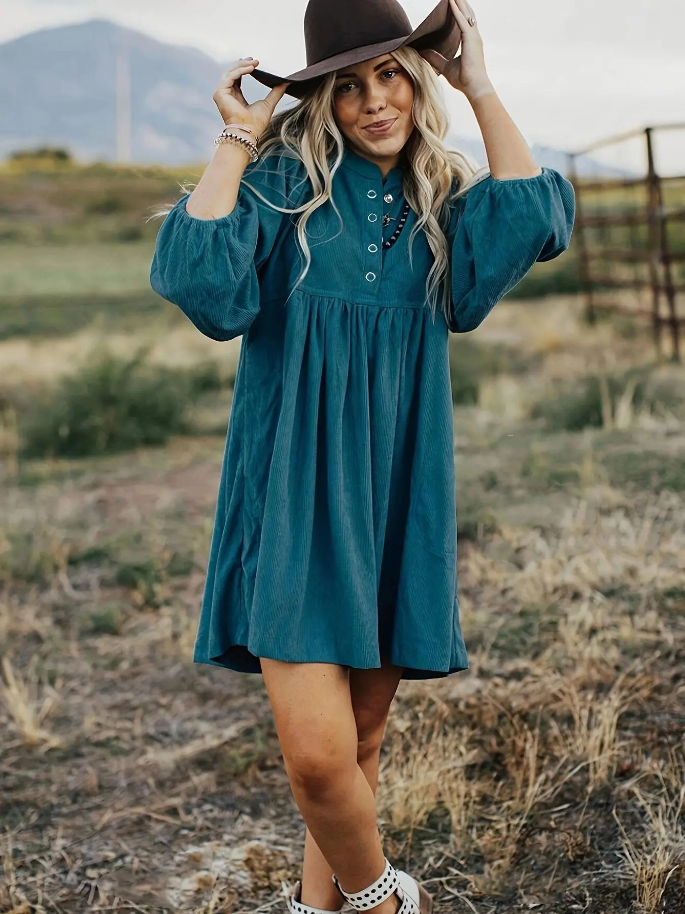 Women's Plain 3/4 Sleeve Dress, Elegant Casual Button Dress for Spring & Fall, Women's Clothing for Daily Wear