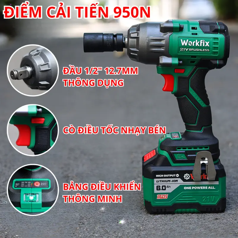 Máy Siết Bulong P WORKFIX WF-IW950N Không Chổi Than, Lực Siết 950Nm Mở Vặn Ốc Xe Tải, Ô Tô 2