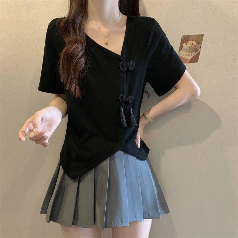 Product Introduction of Women's New Chinese Button Irregular Short T-shirt Fat Mm Cover Belly V-neck Top Womenswear Blouse Check Flat 21