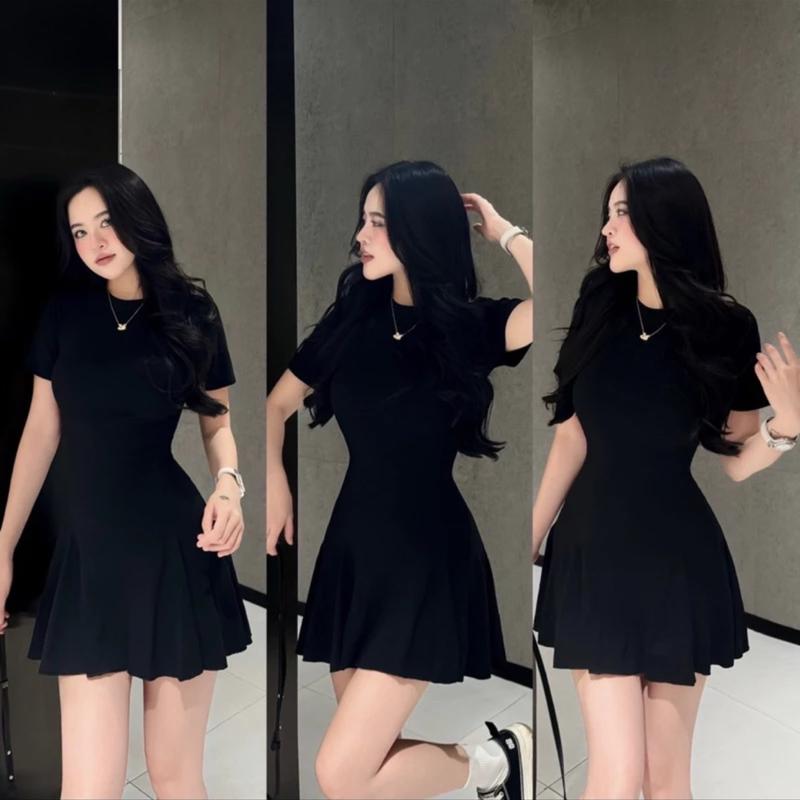 Váy body thun tăm cổ tròn cộc tay dáng xoè MS46 Nữ Màu Đen Tre Kim Tuyến Women Dress