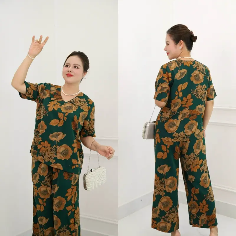 MS03 Đồ Bộ Trung Niên, Áo Cổ Nút,, Quần Suông 9 tấc, Vải Luạ Nhập cao cấp Nữ Women Top Jacket 5