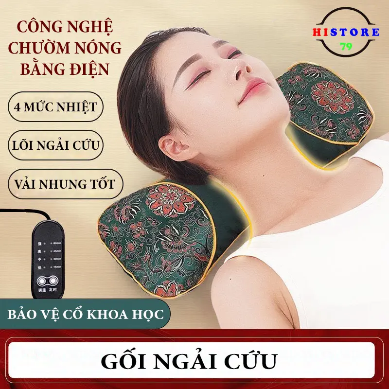 Gối Ngải Cứu Cắm Điện Chườm Nóng 4 Mức Nhiệt - Gối Chườm Ấm Cổ Ngải Cứu Cải Thiện Giấc Ngủ