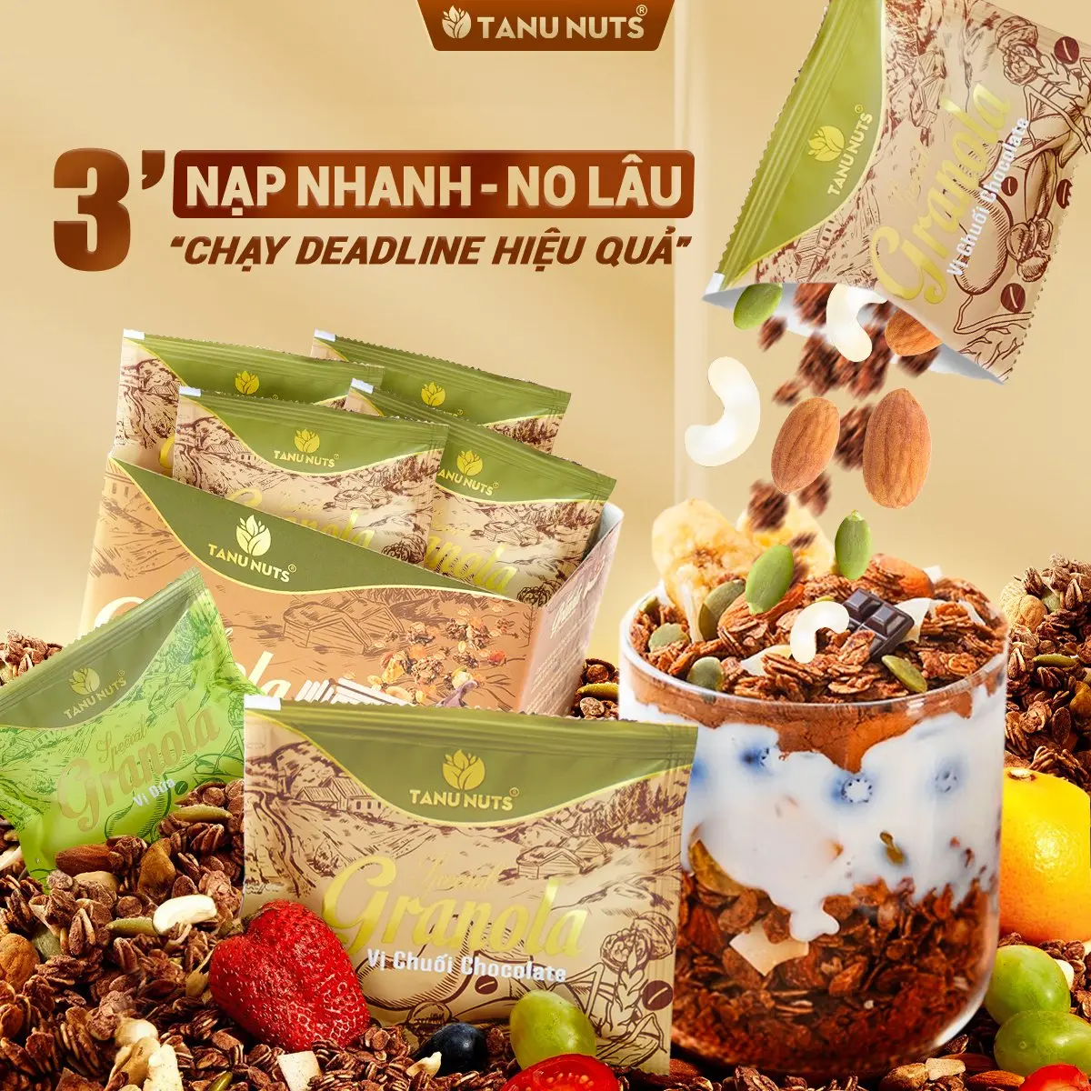 Ngũ cốc granola siêu hạt Special TANU NUTS túi nhỏ tiện lợi mix hạt dinh dưỡng tốt cho sức khỏe Food Không đường ngucoc Gran Stick ăn vặt văn phòng snack hạt dinh dưỡng trái cây sấy, hạt tẩm vị