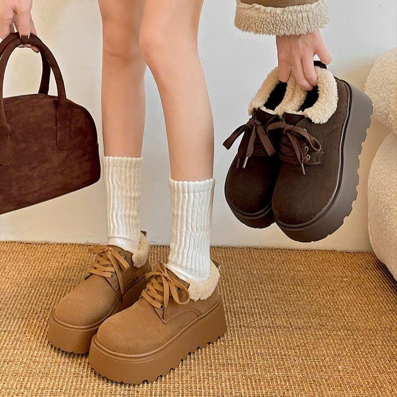 [ FULLBOX - CHUẨN SIZE] Giày nữ buộc dây đế cao 5cm lót lông cừu
