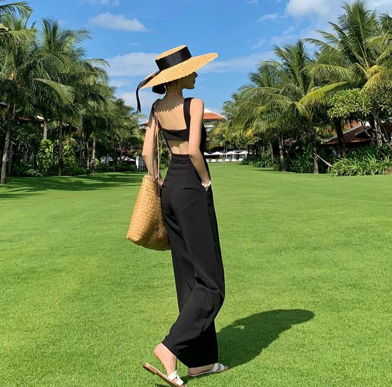 Product Introduction of Jumpsuit Women'S Black High Waisted Wide Leg Open Back Style Jumpsuit Loose Straight Leg Strap Pants 43